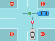 Safe driving tips and traffic regulation rules. Right of way at junction with four way stop sign. Cars on cross intersection. Flat vector illustration template.