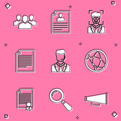 Sticker - Set Users group, Resume, Face recognition, Document, Man with headset and Social network icon. Vector