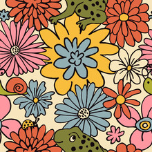 Retro 70s Hippie Vibrant Summer Seamless Pattern. Floral Print.