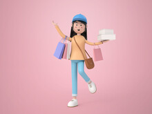 Young Happy Shopper Woman Holding Shopping Bag And Boxes On Isolated Background