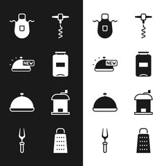 Sticker - Set Jam jar, Covered with tray of food, Kitchen apron, Wine corkscrew, Manual coffee grinder, Grater and Barbecue fork icon. Vector