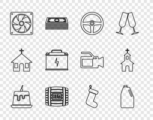 Sticker - Set line Pudding custard, Household chemicals bottle, Steering wheel, Wooden barrel with rum, Computer cooler, Car battery, Christmas sock and Church building icon. Vector