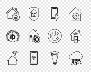 Sticker - Set line Smart home with wi-fi, Internet of things, Mobile charging battery, wireless, House humidity, Light bulb and graduation cap and remote control system icon. Vector