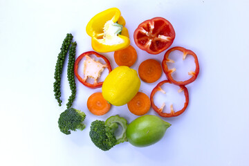 Wall Mural - Healthy fruits Mixed isolated on white background with pace for text,  Healthy Food placed on center backgroud from different fruits and vegetables for Shopping concepts