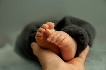 Wall Mural - Feet of newborn baby in hand of mother, tiny toes of infant baby in a selective focus