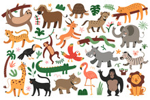 Jungle Animals Bungle, Tropical Felines Set, Dancing Giraffe And Zebra, Sleeping Jaguar, Toucan And Macaw Parrot Flying In Rainforest, Isolated Vector Illustrations, Cute Characters For Children