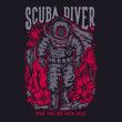 t shirt design scuba diving with diver man walking wearing diver suit with black background vintage illustration