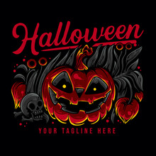 T Shirt Design Halloween With Creepy Smiling Halloween Pumpkin With Black Background Vintage Illustration