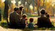 Family with children in the park from behind as an illustration