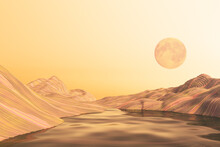 Abstract Sand, Water And Sun Landscape Wallpaper. Nature Concept And 3D Rendering.
