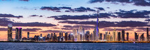 Skyscrapers Skyline Of Dubai UAE Downtown With Burj Khalifa At Sunset