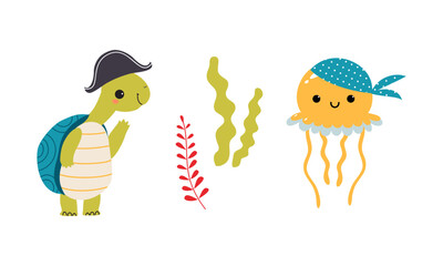 Wall Mural - Cute Turtle in Hat and Jellyfish in Bandana as Sea Animal Floating Underwater Vector Set