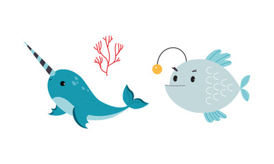 Wall Mural - Cute Narwhal with Horn and Anglerfish as Sea Animal Floating Underwater Vector Set