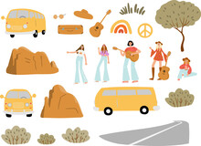 Groovy Hippie Clipart, Retro 70s Hippy Bus Van Clip Art, Road Trip Vector Illustration, Mountain Landscape Scenery, Peace And Love Clipart, Vintage Scene Creator