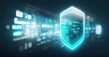 Poster - Neon shield, against the background of big data. Cyber security concept. Encryption. Cyber security and information or network protection. Data protection Cyber Security Privacy Business. 3D artwork