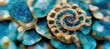 Aquamarine ocean blue with hints of Lapis Lazuli fossilized abstract ammonite flower spirals. Mesmerizing macro closeup rock art with interesting details in every pebble. 