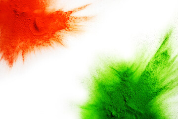 Wall Mural - Orange and green color powder splash. Concept for India independence day, 15th of august.