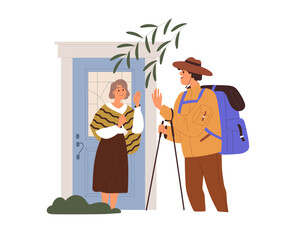 Wall Mural - Mother sees adult son off. Man hiker going hiking, trekking on holiday, leaving home, waving with hand to old parent, standing on porch of house. Flat vector illustration isolated on white background