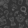 Quiz seamless pattern in doodle style, vector illustration. Back to school concept, stationery symbols on chalk board background. Pattern hand drawn for print and game quiz