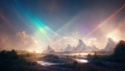 Fototapete - Colorful landscape, sea, mountains, northern lights during the day, glare of light, sun, reflection in the water. Fantasy landscape.