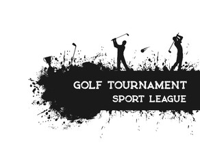 Wall Mural - Golf sport grunge banner with golfer silhouettes. Golf club tournament, sport league championship or competition grungy background or banner with golf players swing a club, sport cup prize