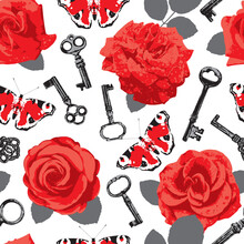 Vector Seamless Pattern On The Theme Of Love With Roses, Butterflies And Keys. Vector Background In Retro Style For Valentine Greeting. Wallpaper, Wrapping Paper, Fabric