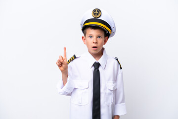 Wall Mural - Little airplane pilot boy isolated on white background thinking an idea pointing the finger up