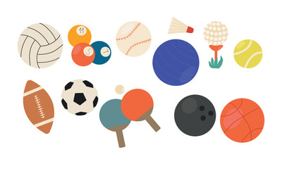  Sports Equipment. Collection of sports balls for different sport. Vector illustration.