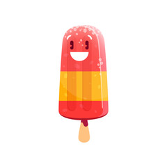 Sticker - Cartoon ice cream dessert character. Isolated vector kawaii fruit ice popsicle personage. Cold summer food, frozen fruity juice bar with pink and yellow layers. Sweet tasty refreshment snack on stick