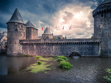 Fougeres, France July 2022. Medieval Castle At Fougeres Gate Of Kingdom Region In France, Dramatic Sky