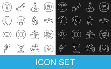 Sticker - Set line Ancient magic book, Pentagram in circle, Snake, Poison bottle, Skull, Moon, Aries zodiac and Magic stone icon. Vector