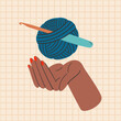 Crocheting conceptual hand-drawn illustration. Dark skin female hand holding yarn and hook. Vector art