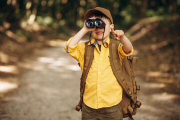 Boyscout travelling in the woods investigating nature