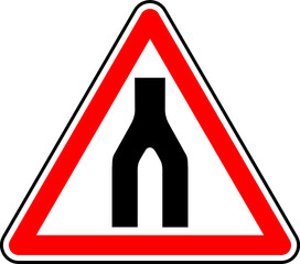 Wall Mural - Vector graphic of a uk warning of the end of a dual carriageway ahead road sign. It consists of two roads become one symbol contained within a red triangle