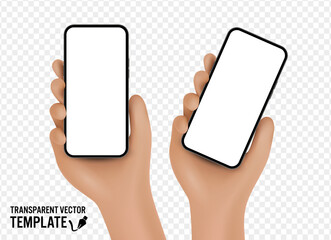 Wall Mural - Vector cartoon hand holding the black smartphone with a blank screen and modern frameless design two positions angled and vertical - isolated on transparent background
