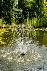 Wall Mural - Beautiful cascading fountain in garden pond against blurred background of evergreens. Selective focus. Sun is reflected in greenish water. Atmosphere of relaxation, tranquility and happiness.