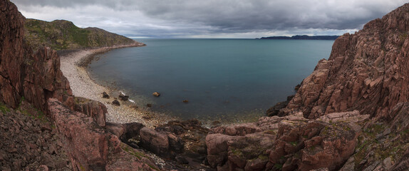 panorama of a rocky coastline of barents sea near teriberka