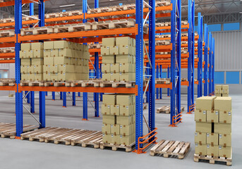 Wall Mural - Warehouse Logistics. Pallets With parcels in logistics center. Warehouse with multi-tiered blue racks. Logistics center of courier service. Pallets With parcels on metal shelves. 3d rendering.