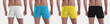 Template swimwear, white; black, yellow, blue boxers on sporty man posing, trunks isolated on background, back view.
