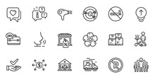 Outline Set Of Court Building, Group And Swipe Up Line Icons For Web Application. Talk, Information, Delivery Truck Outline Icon. Include Cleaning, No Parking, Hair Dryer Icons. Vector