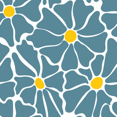 Seamless pattern with colorful retro groovy flowers. Summer simple abstract design in naive art style . 60s vintage style plants. Colorful psychedelic background.Vector illustration