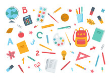 A Set Of School Supplies: Backpack, Pencils, Brushes, Paints, Ruler, Calculator, Books, Globe. Back To School. A Set Of Icons. Cute Colorful Vector Illustration In A Flat Cartoon Style