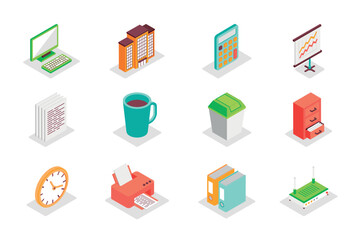Poster - Office work concept 3d isometric icons set. Bundle elements of computer, calculator, data analysis, document, coffee cup, bin, clock, printer and other. Vector illustration in modern isometry design