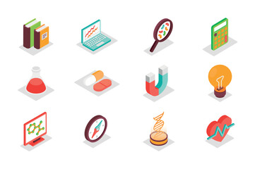 Aufkleber - Science concept 3d isometric icons set. Bundle elements of book, data analysis, research, magnifier, calculator, test flask, pills, molecule and other. Vector illustration in modern isometry design