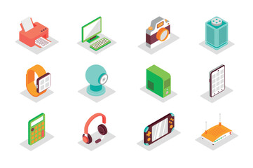 Poster - Electronics concept 3d isometric icons set. Bundle elements of printer, computer, camera, musical speaker, smart watch, tablet, calculator and other. Vector illustration in modern isometry design