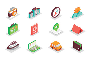Poster - Travel and summer vacation concept 3d isometric icons set. Bundle elements of camera, hotel, compass, trip, suitcase, passport, map, camping and other. Vector illustration in modern isometry design