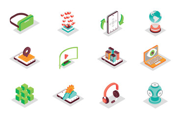 Poster - Virtual reality concept 3d isometric icons set. Bundle elements of vr headset, holographic projection, panoramic view, augmented, game gadgets and other. Vector illustration in modern isometry design