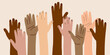© Ольга Дубровина - the hands of people of different nationalities. A united community of people of skin color. Cultural and ethnic diversity. Protest and strike. Fighting for your rights. vector illustration