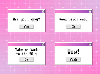 Old computer popup windows interface. Slogans for social media in y2k message windows. 90s vaporwave style with white retro stars. Abstract background in y2k aesthetic