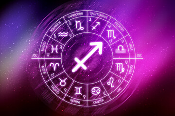 Sagittarius zodiac sign. Sagittarius icon on blue space background